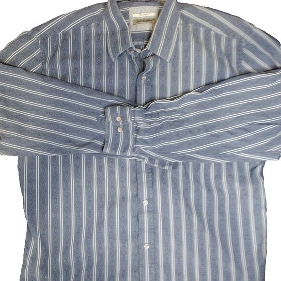 Johnson‎ & Murphy Mens Large Blue Striped Button Cotton Shirt - Picture 1 of 10